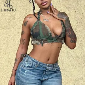 Camouflage BH Top Frauen Sommer Sexy Button V-Ausschnitt Halfter Schnüren rücken freie Weste Crop Tops Mode Casual Tank