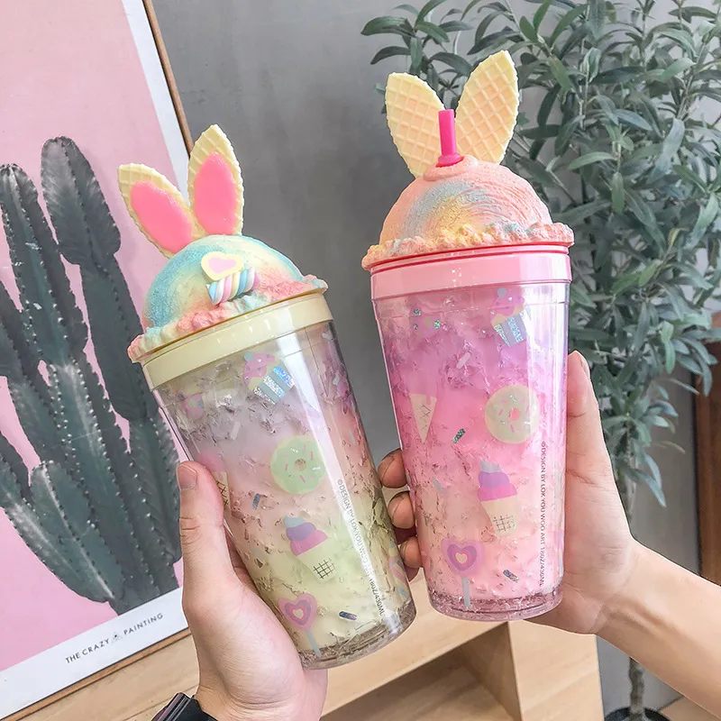 JN19 Cute Rabbit's Ears Ice Cream Taza de agua fría de doble pared Botellas de agua con vaso de plástico para Niñas para verano con tapa y pajita