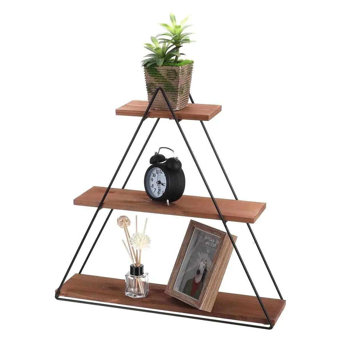 Metal Wall-Mounted Hanging Triangle Shelf Creative-Triangle Wall Frame Natural Wood House Storage Rack Home Decoration