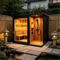 Kabin Sauna Inframerah Jauh Modern Mewah untuk Luar Ruangan dengan Kamar Mandi dan Dek Kayu Cedar Merah untuk 4 Orang, Perlengkapan Lengkap untuk Kesehatan di Taman