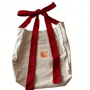 Special Design Logo <b>Print</b> Canvas Cotton Tote Bag With Custom Bow Knot Handle - Product Image 2