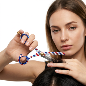 Ciseaux de coiffure professionnels personnalisés à rayures rouges, blanches et bleues, lame en acier inoxydable, pointe arrondie, dents personnalisées - Product Image 5