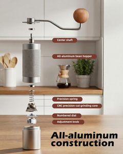 Moulin à café manuel portable avec corps en alliage d'aluminium, meule en acier inoxydable 420, pour usage domestique, mini moulin à expresso avec poignée en bois - Product Image 2