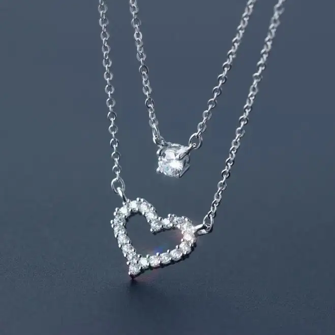 Temperament Square Diamond Double Layer Necklace Full Rhinestone Inlay Hollow Heart Pendant 925 Sterling Silver Necklace