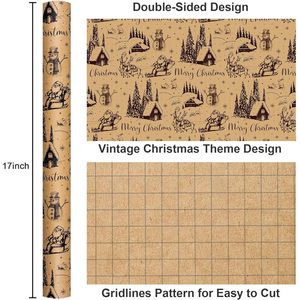 Kraft Christmas Wrapping <b>Paper</b> <b>Roll</b> 17 Inch X 33 Feet Vintage Sleigh Snowman Print Brown Holiday Gift <b>Wrap</b> - Product Image 3