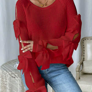 Pull-over décontracté pour femme, nouvelle collection automne, col rond, orné d'un nœud, manches longues, tricot ample en polyester/coton, pour <span class=keywords><strong>la</strong></span> <span class=keywords><strong>mode</strong></span> - Product Image 2