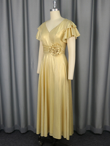 AM050408 brillante cuello en V manga corta flor hendidura una línea vestidos largos oro Maxi vestido de noche para las mujeres - Product Image 5