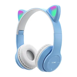 큰 무선 헤드폰 귀여운 고양이 귀 LED 라이트 블루 치아 이어폰 접이식 헤드폰 귀에 유선 헤드셋 스마트 폰 PC