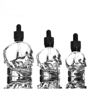 Wholesale 30ml Black Clear Skin Care Cosmetic Glass Bottle Matte Skull Head Dropper Essential Oil Glass Bottles