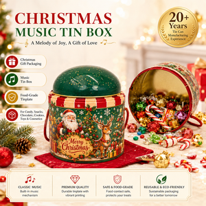 Caja de Metal Giratoria Musical Navideña con Tapa de Domo, de Grado Alimenticio, Impresa a Medida, con Asa de Cuerda, para Galletas y Almacenamiento de Regalos Festivos - Product Image 2