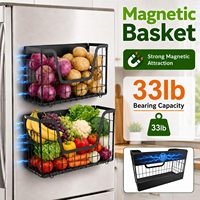 Doppeltes modernes Metall-Magnet-Kühlschrankregal & Obstkorb mit Gewürzregal – Starke Magnete für die Küchenaufbewahrung – Schwarz