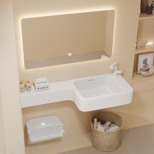 Mueble de baño con espejo inteligente, lavabo integrado y encimera extendida de tamaño pequeño, personalizado. - Product Image 3