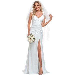 White Halter Neck Sheath Wedding Dress With Slit And Fishtail Skirt For Banquet Events - Product Image 5
