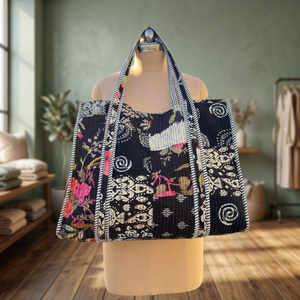 Sac fourre-tout bohème en coton avec broderie et imprimé floral, ouverture supérieure, sac de shopping toutes saisons - Product Image 3