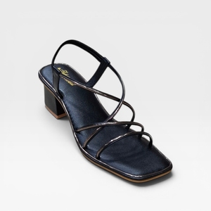 Women's Black Genuine Leather Strappy Heeled <b>Sandals</b> Square Toe Block Heel Slip-On Elegant Summer Footwear Heels Comfortable - Product Image 1