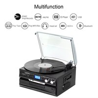 Tourne-disque vintage 6-en-1 : Lecteur de CD, cassette, vinyle, radio AM/FM, phonographe, gramophone 3 vitesses
