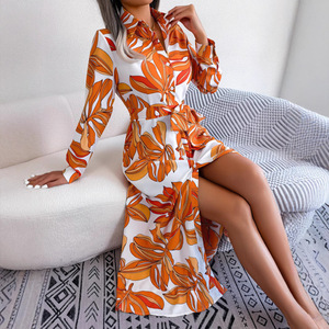 Robe chemise attachée à revers de fleurs printemps et é<span class=keywords><strong>t</strong></span>é vêtements longs pour femmes - Product Image 2