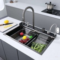 Samtou Éviers de cuisine modernes et intelligents en acier inoxydable Nano noir Robinet d'évier de cuisine à affichage numérique Ensemble d'évier de cuisine à bol unique