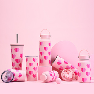 Termo deportivo de acero inoxidable con corazón Rosa moderno, botella de agua fría deportiva con asa portátil, té/café/pajita de leche, San Valentín - Product Image 2