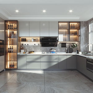 Set di Mobili da <span class=keywords><strong>Cucina</strong></span> Modulari in Compensato dal Design Moderno, Produttore di Foshan, Armadietti a Muro con Ante in Vetro, Credenza da <span class=keywords><strong>Cucina</strong></span> in Legno Personalizzata per Villa - Product Image 2