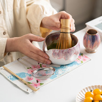 Coffret Cérémonie du Thé Matcha : Bol Chawan en Céramique, Fouet en Bambou Chasen, Cuillère, Design Fleur de Cerisier, Glaçure Réactive, Boîte, Pour la Maison