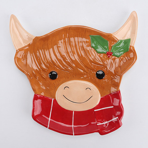 Christmas Highland Cow Ceramic Serving Plate, 3D Hand-Painted <strong>Scottish</strong> Cattle Appetizer Tray, Festive Holiday Tableware - Product Image 1