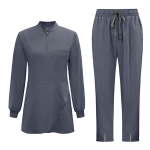 Conjunto de uniforme médico de manga larga para mujer de Oriente Medio 2026, con cuello alto, media cremallera, parte superior que cubre las nalgas, de tela tejida transpirable - Product Image 6