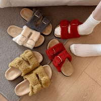 Chaussons fourrés à bout ouvert pour femmes, avec deux boucles décoratives, semelle extérieure confortable en caoutchouc antidérapante, pour l'hiver, la maison et l'extérieur