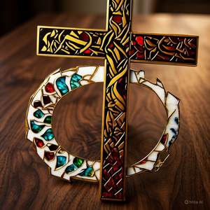 Handcrafted Engraved Marble Pillar <b>Stone</b> Cross Wall Hanging Inlaid Antique Imitation Rustic Decorative Christian Art Indian Home - Product Image 3