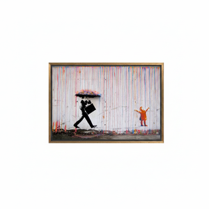 <b>Canvas</b> Art Print: Banksy Graffiti - Colorful Rain, Kids Umbrella, Street Art,GOLD <b>FRAMED</b> <b>CANVAS</b> - Product Image 2