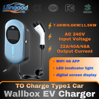 Longood 2026 Wallbox AC EV Charger 7/11/22KW untuk Kendaraan Listrik J1772 TYPE1 Lampu Indikator LED 4G WIFI APP