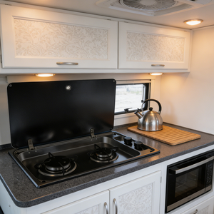 เตาแก๊ส JDA คุณภาพพรีเมียม สีดำเคลือบสแตนเลส SS304 สำหรับรถบ้าน - 2 หัวเตา พร้อมฝาครอบกระจก สำหรับคาราวาน รถแคมป์ปิ้ง เรือ และรถบ้านเคลื่อนที่ - Product Image 2