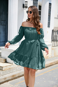 Nuovo arrivo estate off spalle abito da <span class=keywords><strong>donna</strong></span> tinta unita cintura manica lunga Casual Sexy abito da festa per giovani signore - Product Image 3