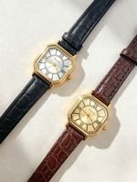Montre à quartz octogonale vintage pour femme, cadran doré à chiffres romains, bracelet en cuir de crocodile marron, montre-bracelet habillée pour femme