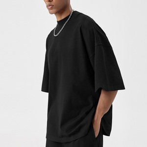 T-shirt en gros pour hommes, T-shirt noir uni 100% coton, T-shirt de haute qualité, <span class=keywords><strong>petit</strong></span> col montant, ample, surdimensionné, 260 g/m² - Product Image 2