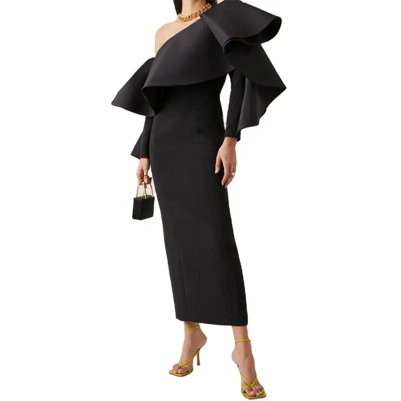 Diagonal Neck Women's Summer Dress Large Flower Collar Long Sleeve Ladies Midi Dress Open Back Plain Mature Clothing