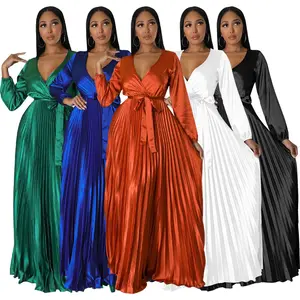 Neue Ankunft Mode Sexy Deep V-Ausschnitt Einfarbig Rüschen Kleid Langarm Temperament Street Maxi Kleid Frauen