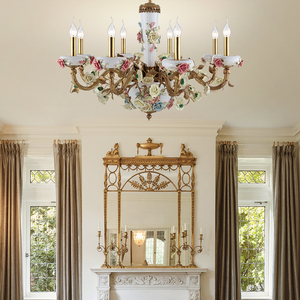 Style français Haut En Laiton Coloré En Céramique <span class=keywords><strong>Rose</strong></span> Fleur Mariage Lustre - Product Image 3