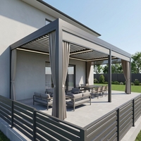 Pergola bioclimatique grise intelligente à toit rigide en aluminium avec stores zip et éclairage LED pour grands espaces de jardin