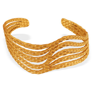 Geometric Design Open <b>Bangle</b> Titanium Steel Wave Shaped Jewelry Unisex Fashion <b>Bracelet</b> - Product Image 5