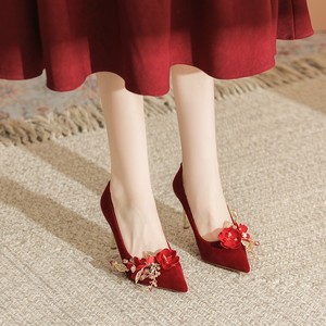 <b>Red</b> Velvet Stiletto <b>Heels</b> With Flower Embellishment For Wedding Bridal Shoes Pointed Toe High <b>Heel</b> <b>Women</b> Elegant Style 8777H-147 - Product Image 3
