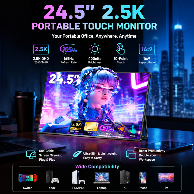 Console Gaming Portable Touch Monitor 24.5 Inch 165Hz High Frame Rate IPS Panel for Xbox Series X PS4 Switch