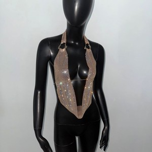 Women's Gold Rhinestone Mesh Halter Crop <strong>Top</strong> <strong>Sparkly</strong> Perfect for Clubs Festivals Raves and Night-out Looks - Product Image 3
