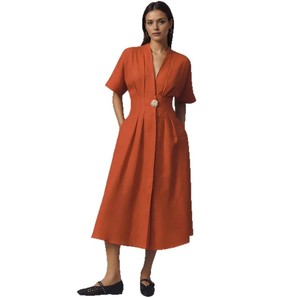 Elegante Abito Lungo Stile Francese <span class=keywords><strong>con</strong></span> Scollo a V, Maniche Corte, Bottoni Frontali, <span class=keywords><strong>Spacco</strong></span> Laterale, Vestibilità Ampia, Moda Estiva per Donne - Product Image 5