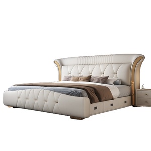 <span class=keywords><strong>Lit</strong></span> double king-size en cuir simple et tendance, mobilier <span class=keywords><strong>de</strong></span> chambre à coucher, brun clair, confortable, rembourré, avec rangement - Product Image 2