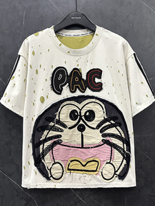 Camiseta de gato <span class=keywords><strong>robot</strong></span> de dibujos animados para mujer, diseño rasgado, manga corta, camiseta versátil informal holgada a la moda - Product Image 3