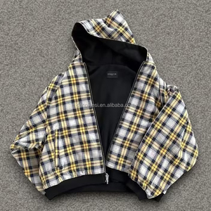 Fabricant de vêtements de haute qualité – Sweat à capuche zippé réversible double couche coupe courte et carrée à carreaux, effet délavé vintage, pour homme - Product Image 1