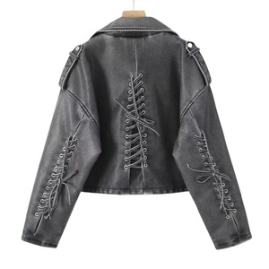 2025 femmes rétro à manches longues moto veste nouvelle mode en détresse <span class=keywords><strong>Imitation</strong></span> <span class=keywords><strong>cuir</strong></span> décontracté fermeture éclair courte longueur pour l'automne - Product Image 5