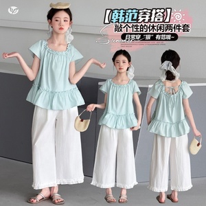 Vêtements d'été pour grandes filles, haut à manches flottantes avec garniture en dentelle, pantalon Capri à jambes larges, ensemble deux pièces - Product Image 2