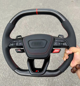 Volant en fibre de carbone avec bouton de démarrage du moteur rouge et palettes de changement de vitesse compatibles Audi A4 A5 A6 A7 <span class=keywords><strong>Q3</strong></span> Q5 <span class=keywords><strong>RS</strong></span> <span class=keywords><strong>Line</strong></span> - Product Image 2